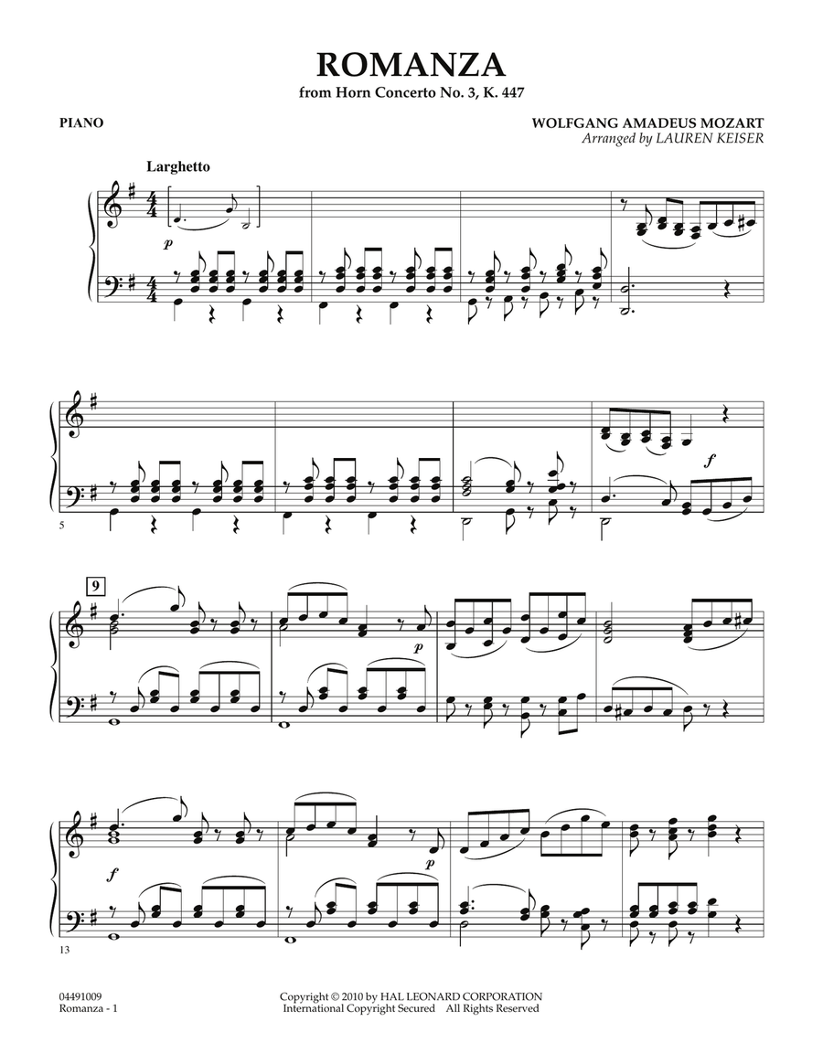 Romanza (from Horn Concerto No. 3, K. 447) - Piano Orchestra scores gallery preview page 1