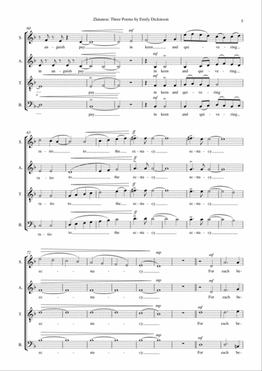 THREE POEMS BY EMILY DICKINSON, for SATB choir a cappella 4-Part scores gallery preview page 5