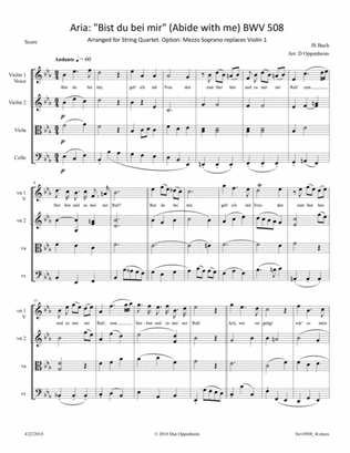 Book cover for Bach: Aria: "Bist du bei mir" (Abide with me) BWV 508 Arranged for String Quartet. Option: Mezzo Sop