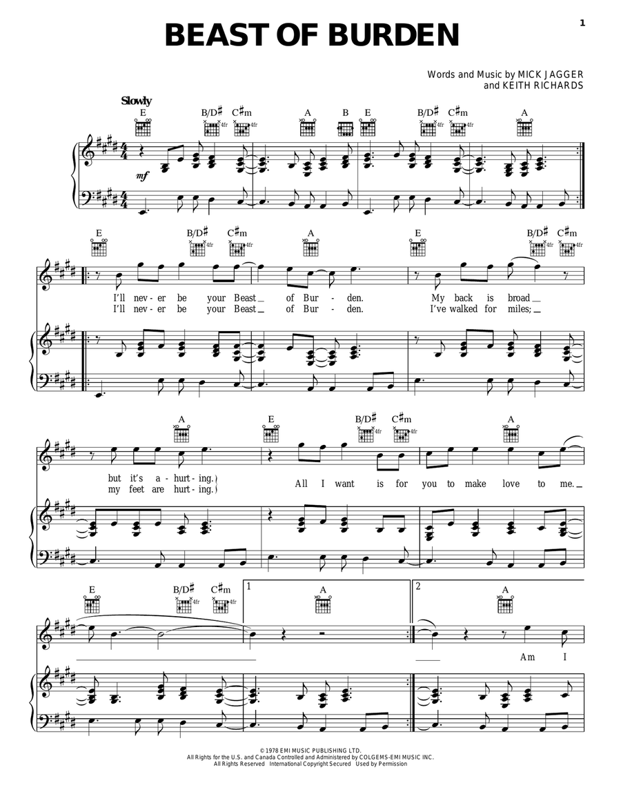 Beast Of Burden Piano, Vocal, Guitar scores gallery preview page 1
