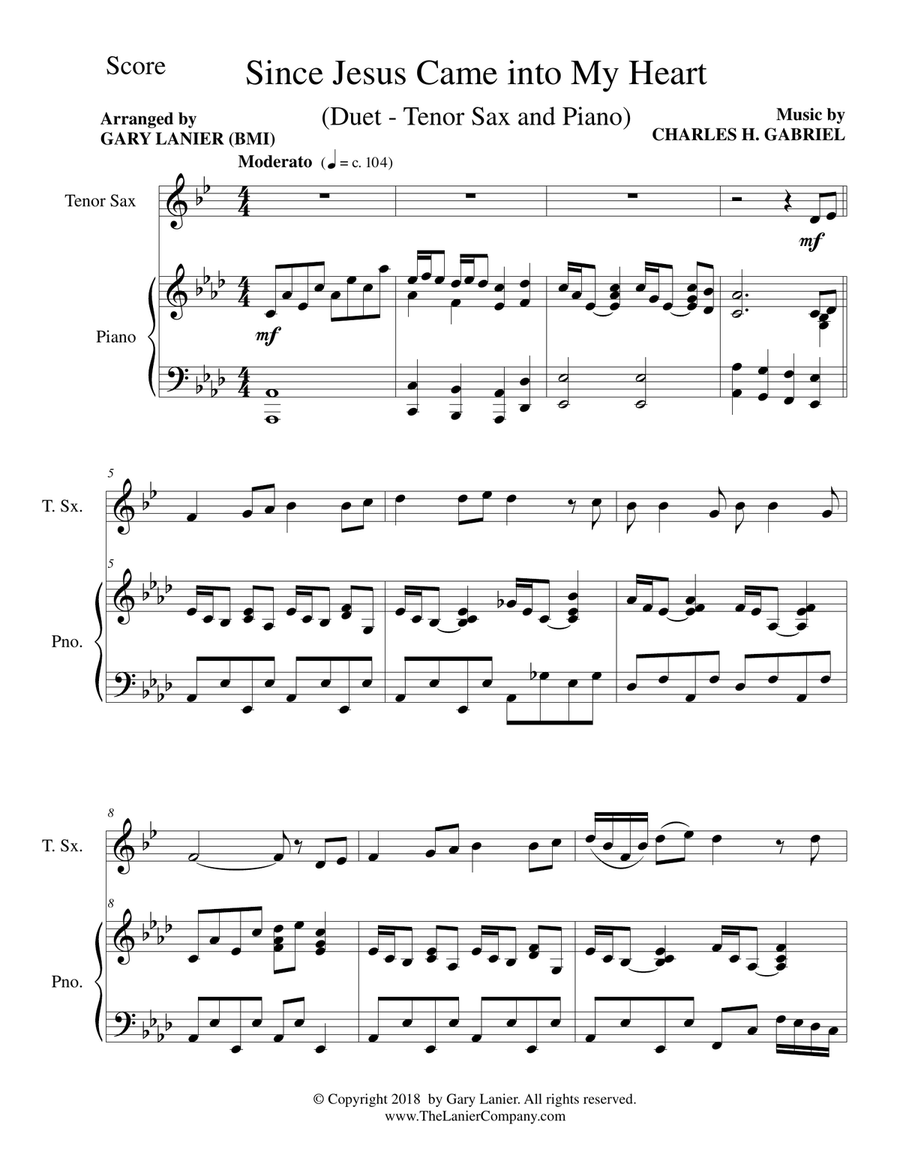 GOSPEL HYMN SUITE (For Tenor Sax & Piano with Score & Tenor Sax Part) Tenor Saxophone scores gallery preview page 2