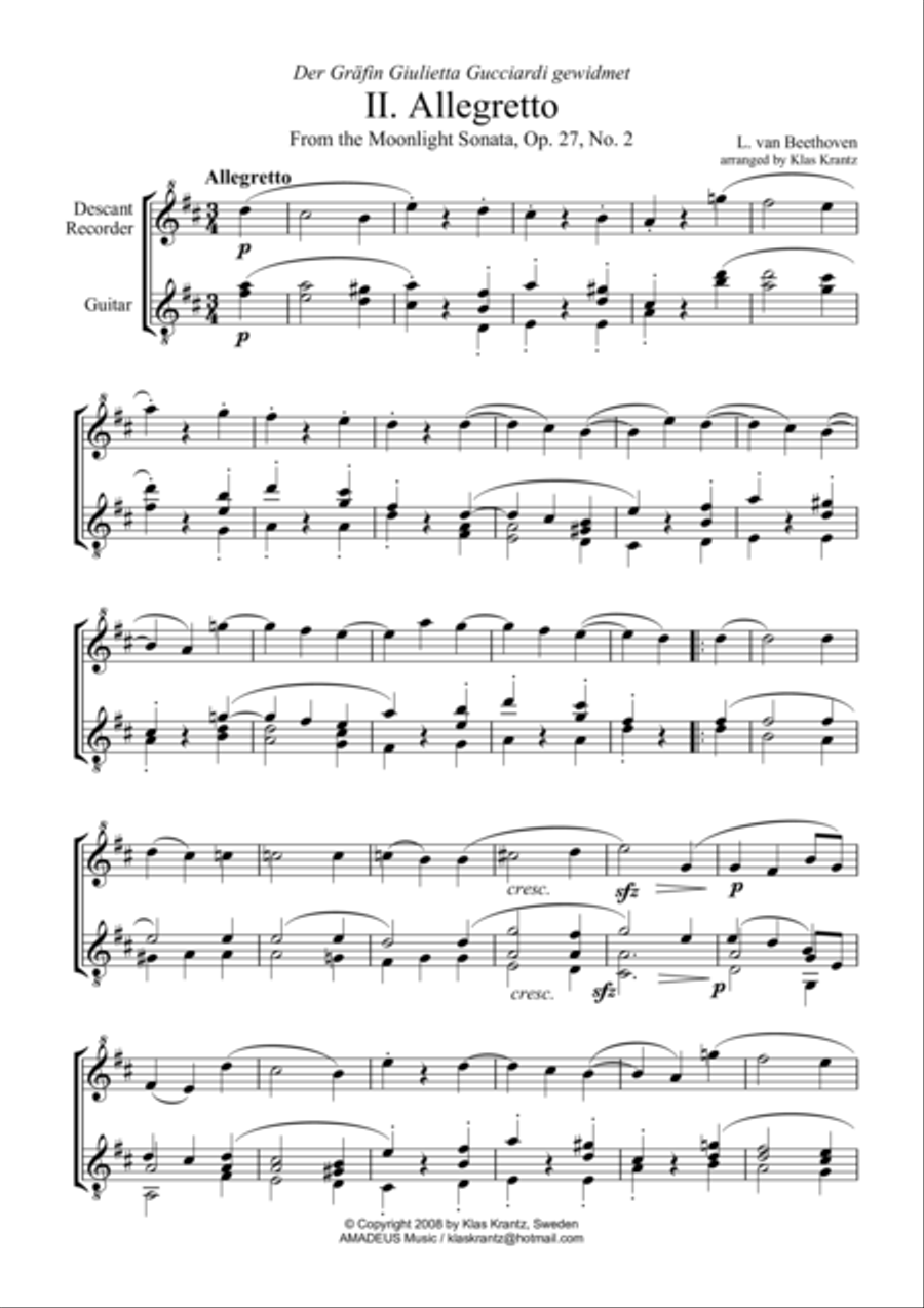 Allegretto (Moonlight Sonata) for descant recorder and guitar Small Ensemble scores gallery preview page 1