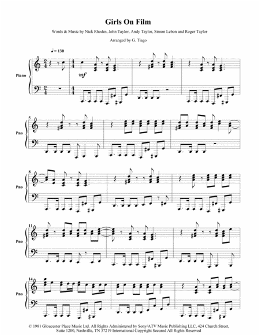Girls On Film Girls On Film Piano Solo scores gallery preview page 1