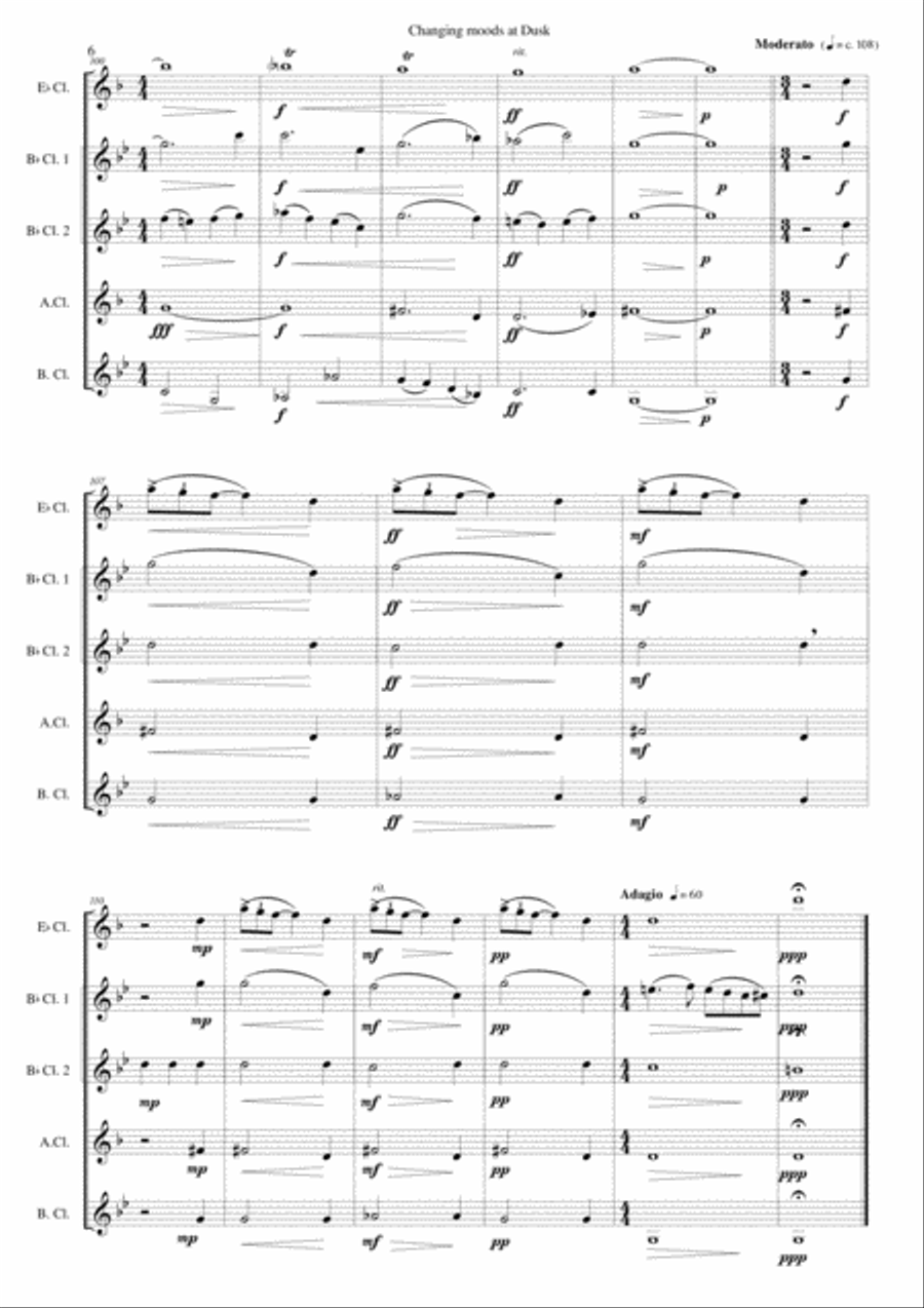Changing moods at dusk for clarinet quintet (E flat, 2 B flats, Alto, Bass) Clarinet Quintet scores gallery preview page 6