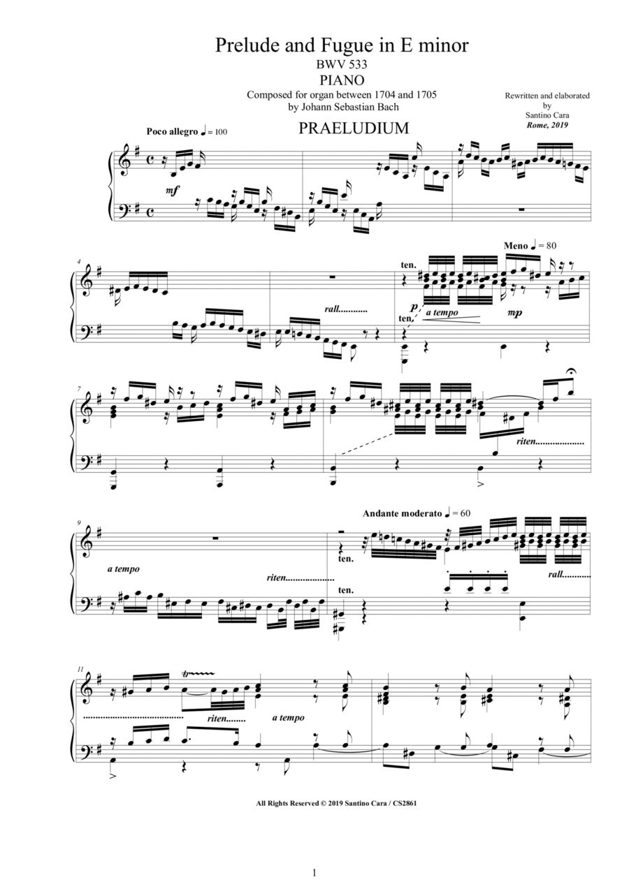 Book cover for Bach - Prelude and Fugue in E minor BWV 533 for Piano