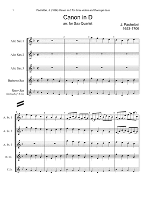 Book cover for J. Pachelbel - Canon in D-dur, arr. for Sax Quartet