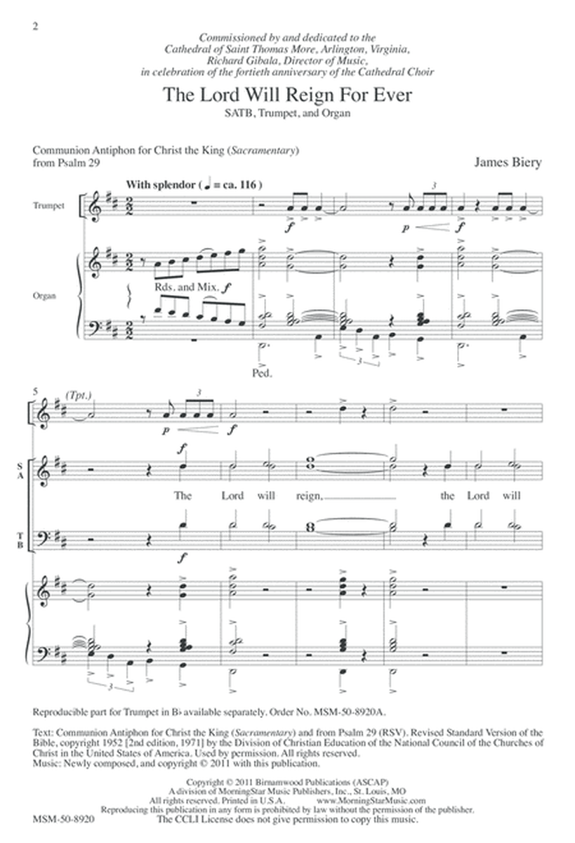 The Lord Will Reign For Ever (Downloadable Choral Score)