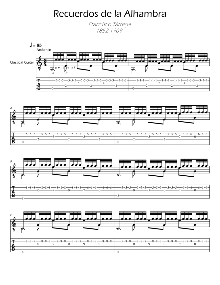 Recuerdos de la Alhambra TABs - Tárrega Acoustic Guitar scores gallery preview page 1