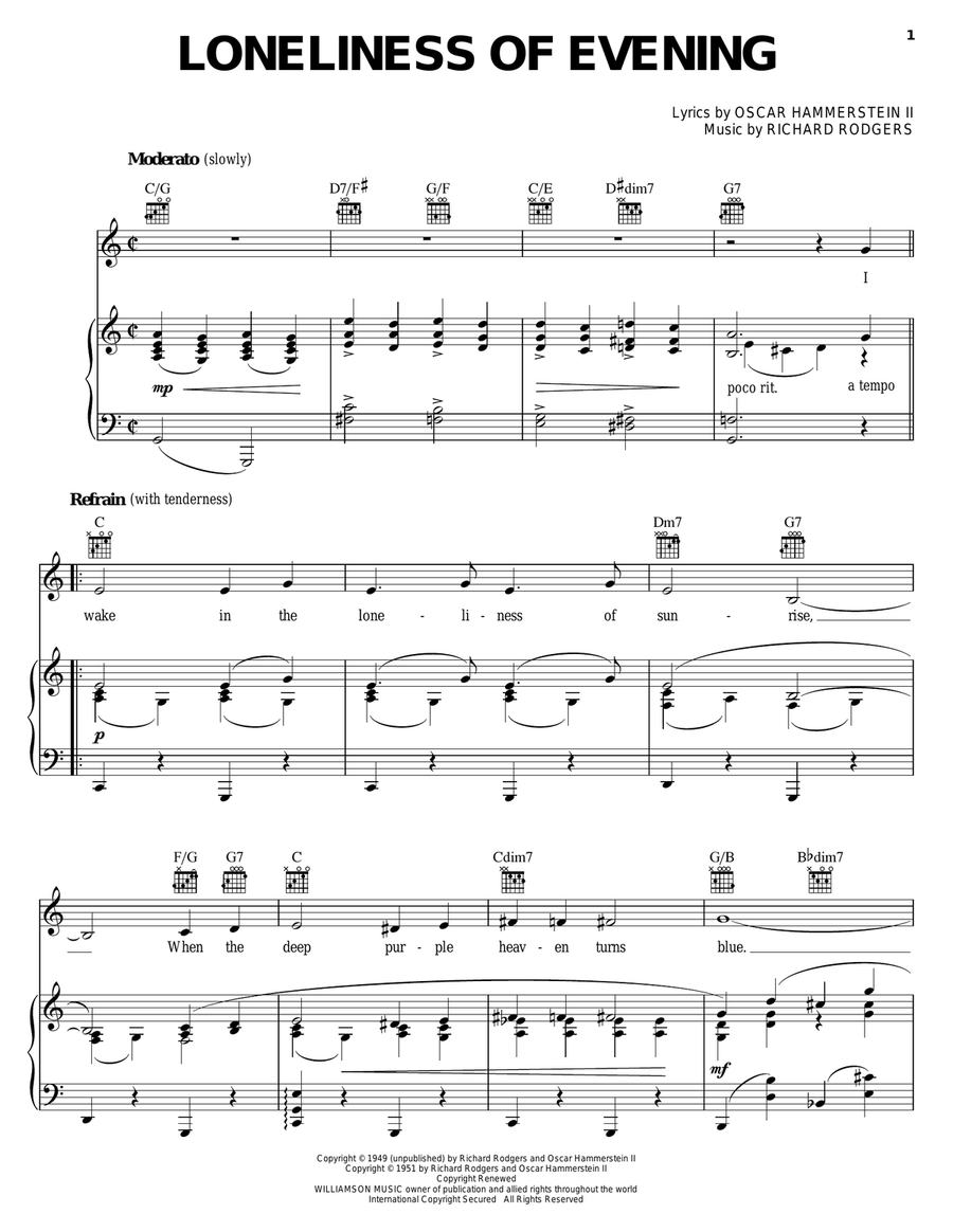 Loneliness Of Evening Piano, Vocal, Guitar scores gallery preview page 1