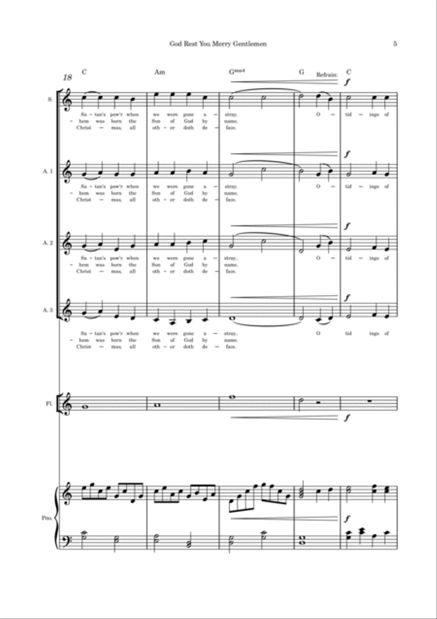 God Rest You Merry Gentlemen SAAA flute and piano 4-Part scores gallery preview page 5
