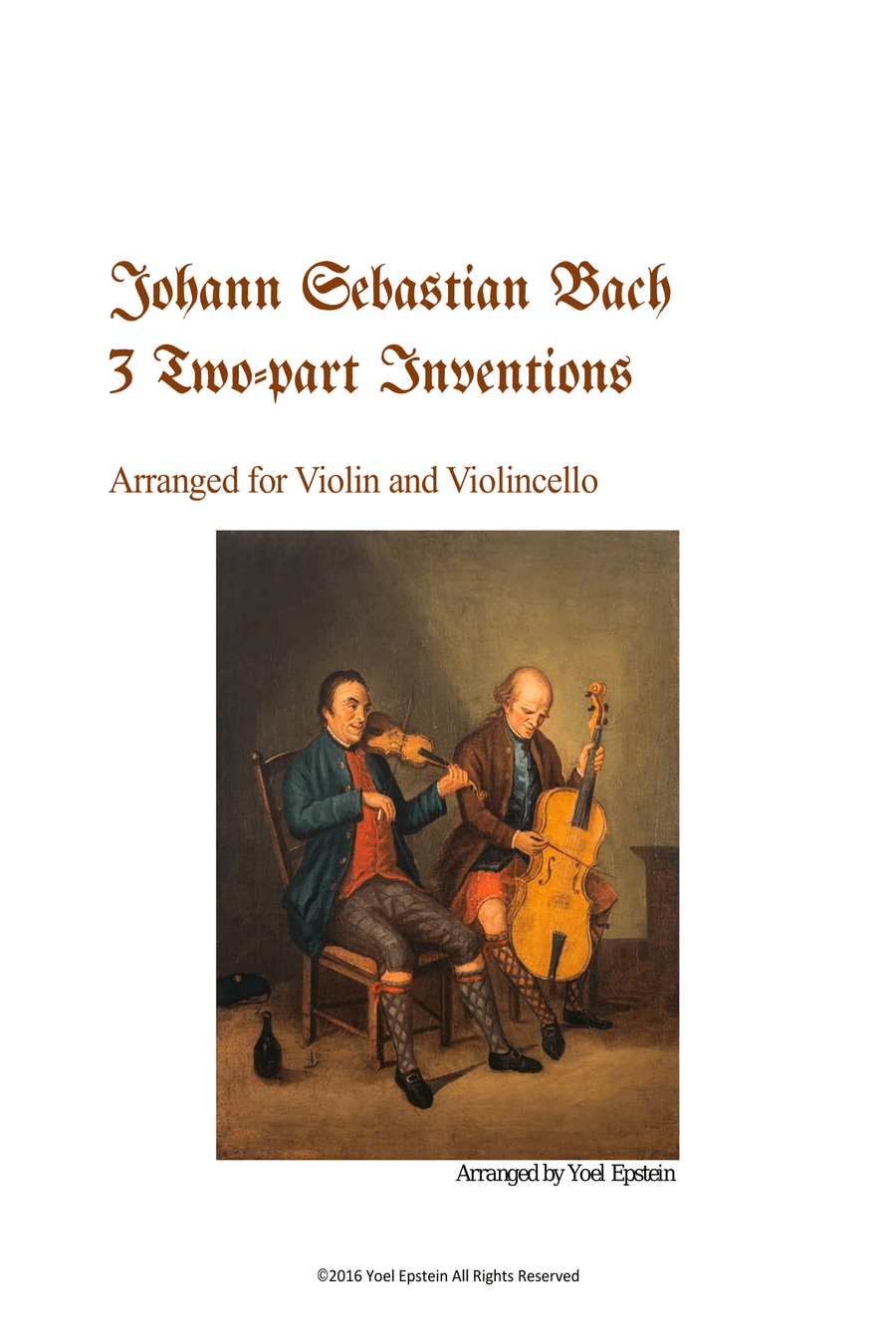 Three 2-part Inventions by Bach, arranged for violin and cello String Duet scores gallery preview page 1