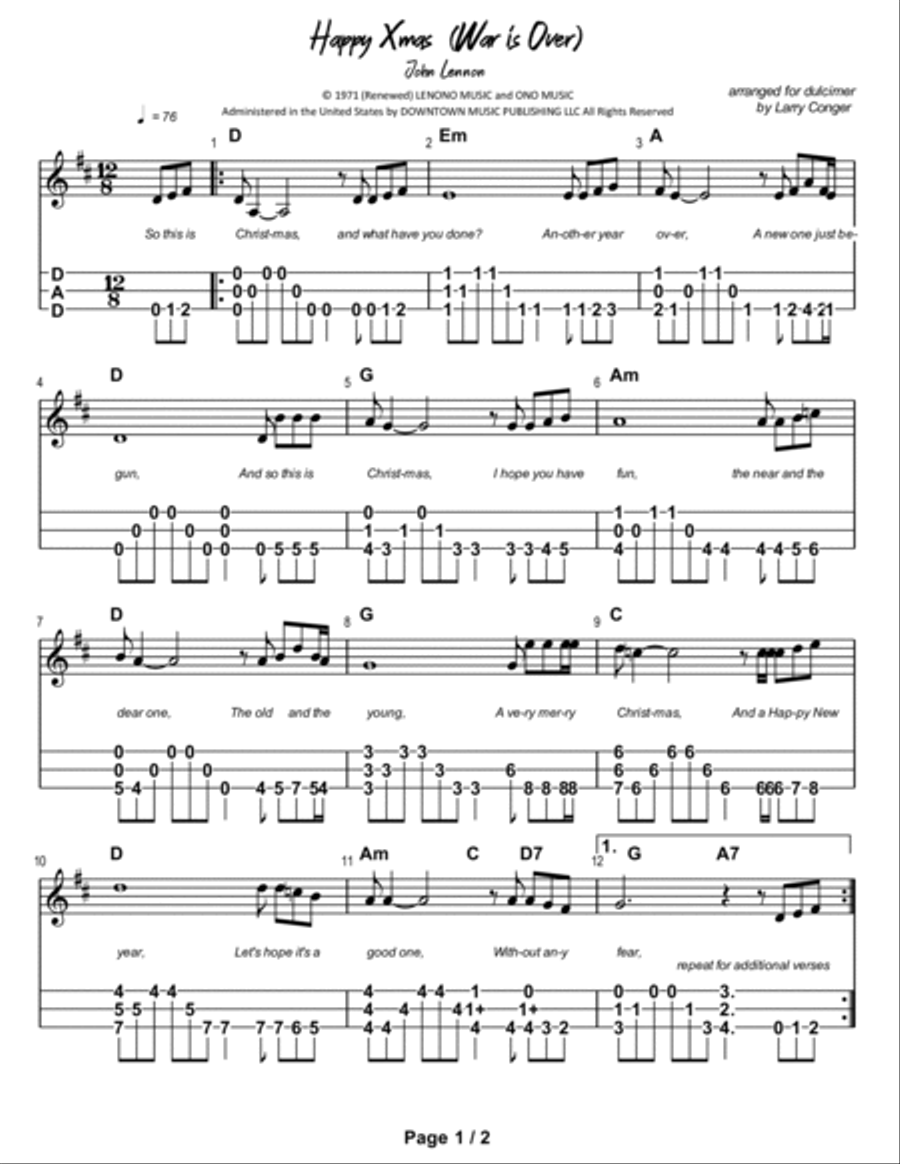 Happy Xmas (war Is Over) Dulcimer scores gallery preview page 2
