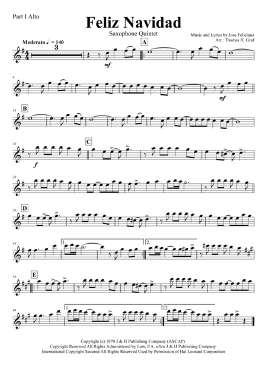 Feliz Navidad Saxophone Quintet scores gallery preview page 5