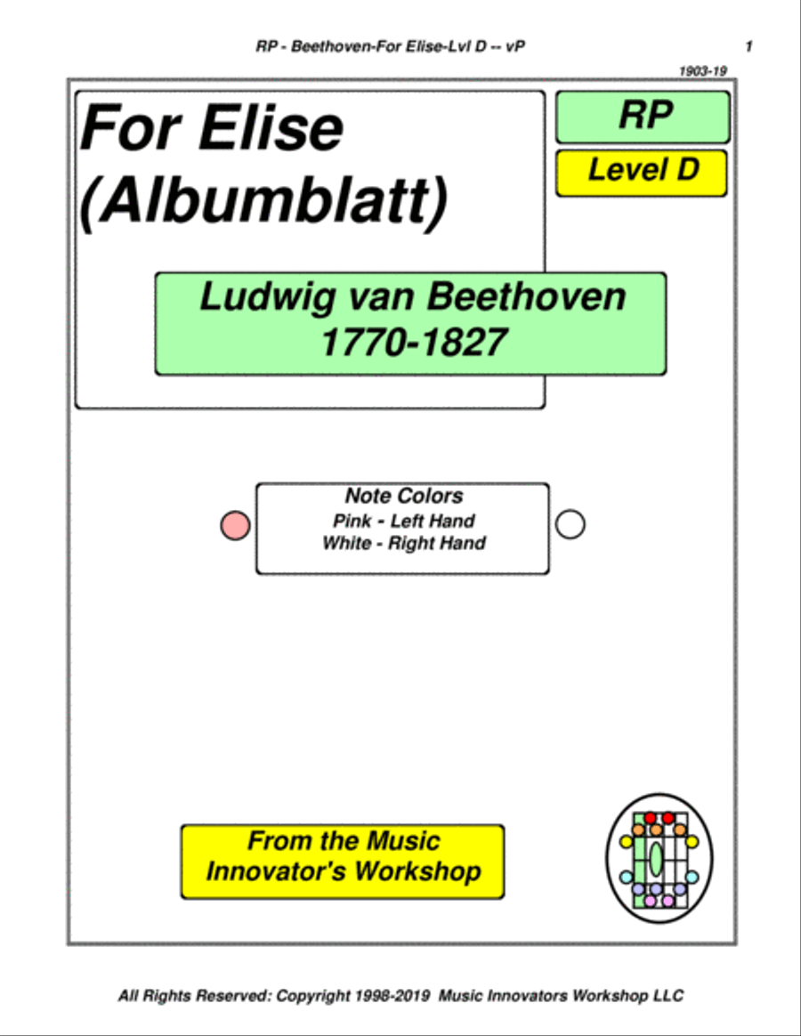 Beethoven - For Elise - Level D - (Key Map Tablature) Piano Solo scores gallery preview page 1