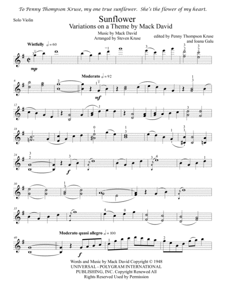 Sunflower by Mack David Violin Solo - Digital Sheet Music