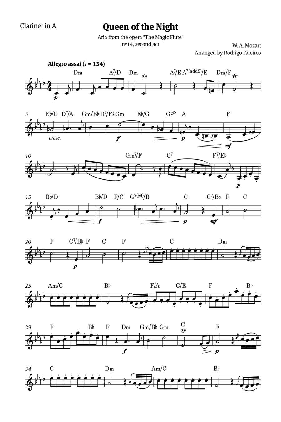 Queen of the Night - for solo clarinet in A (with chords) Chamber Music scores gallery preview page 1