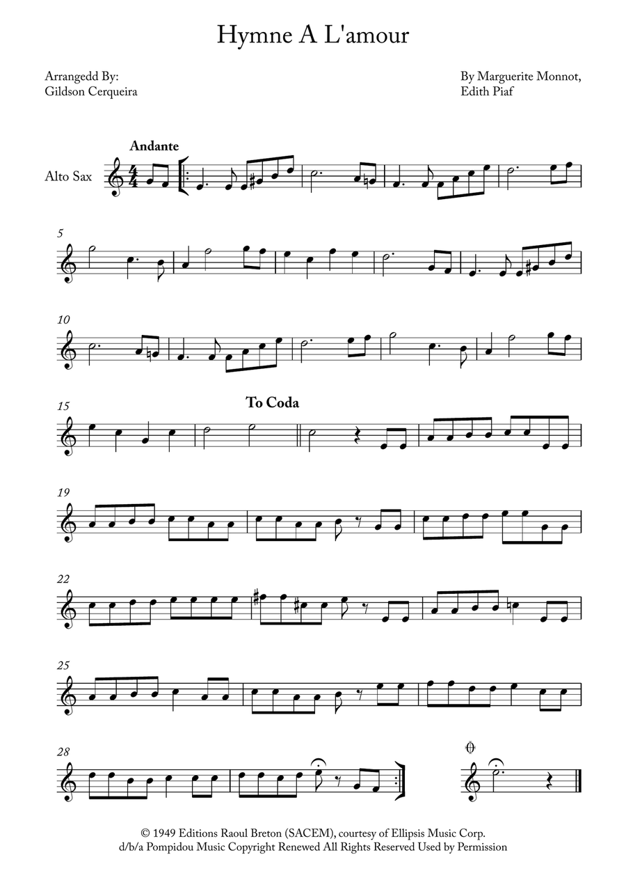 Hymne A L'amour Alto Saxophone scores gallery preview page 1