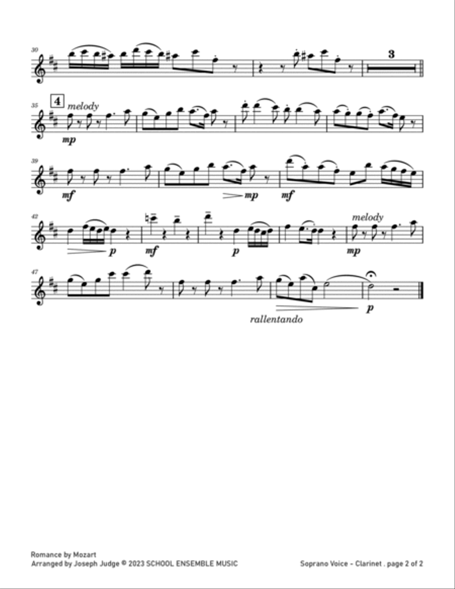 Romance by Mozart for Clarinet Quartet in Schools Clarinet Quartet scores gallery preview page 6