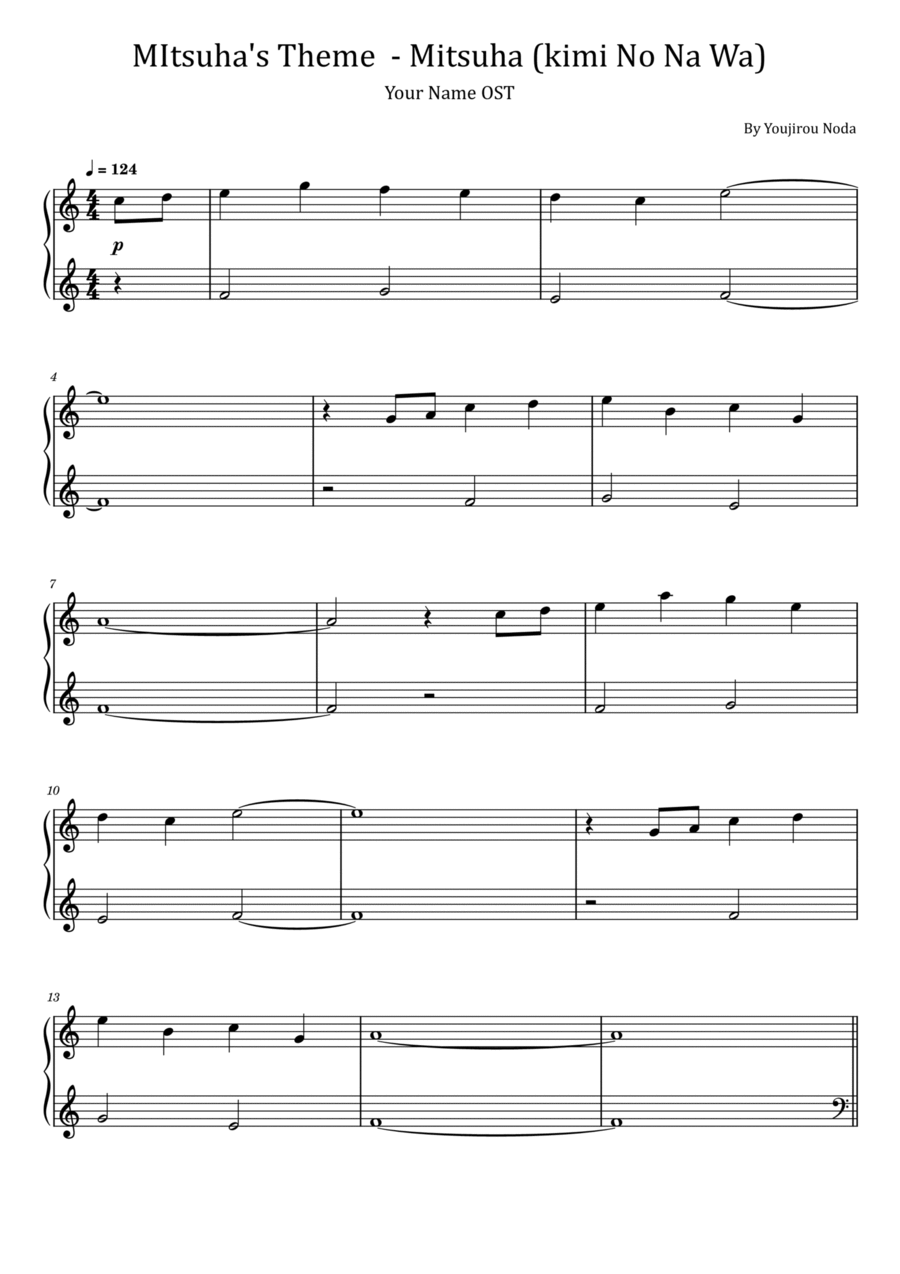 Mitsuha (kimi No Na Wa) Easy Piano scores gallery preview page 1