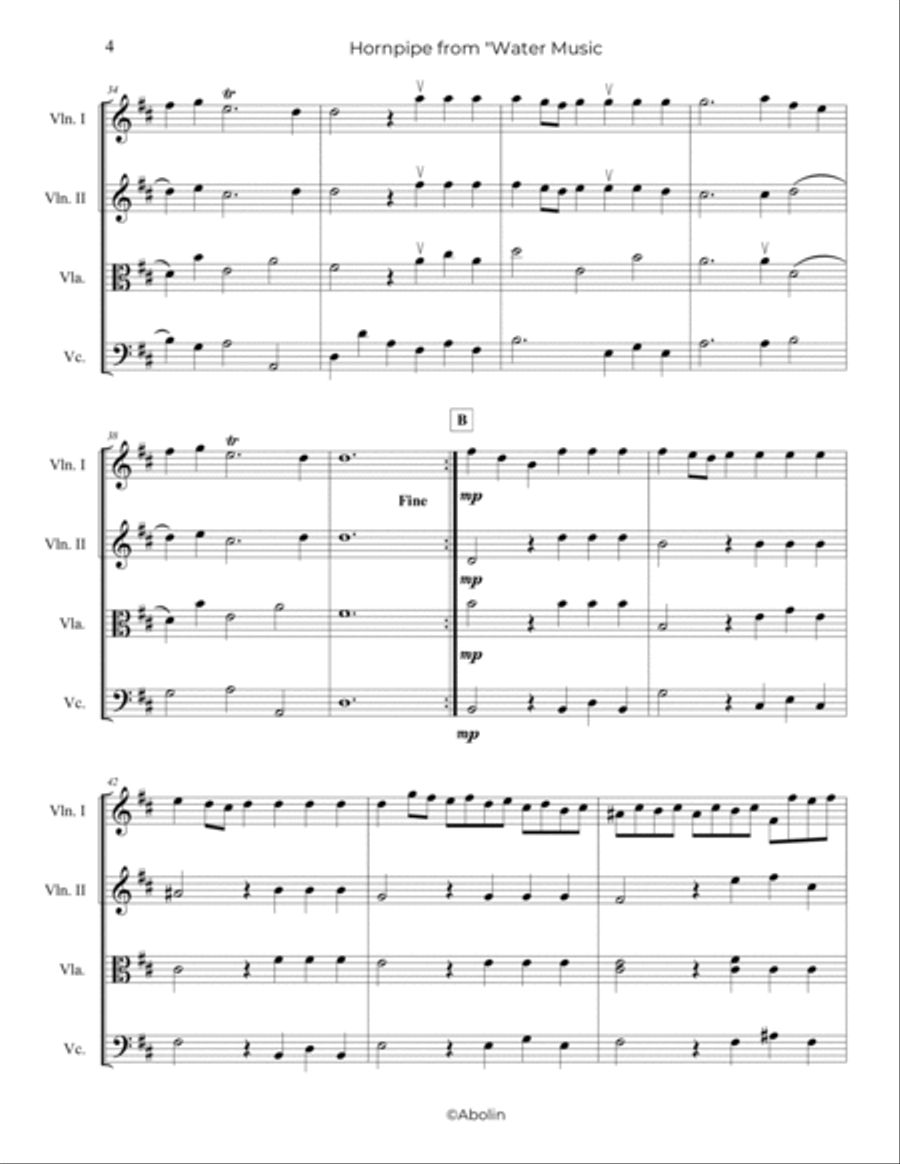 Handel: Alla Hornpipe from Water Music, Suite No.2 - String Quartet String Quartet scores gallery preview page 5