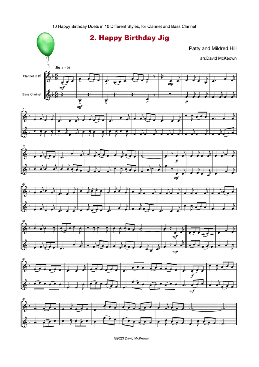 10 Happy Birthday Duets, (in 10 Different Styles), for Clarinet and Bass Clarinet Clarinet Duet scores gallery preview page 3
