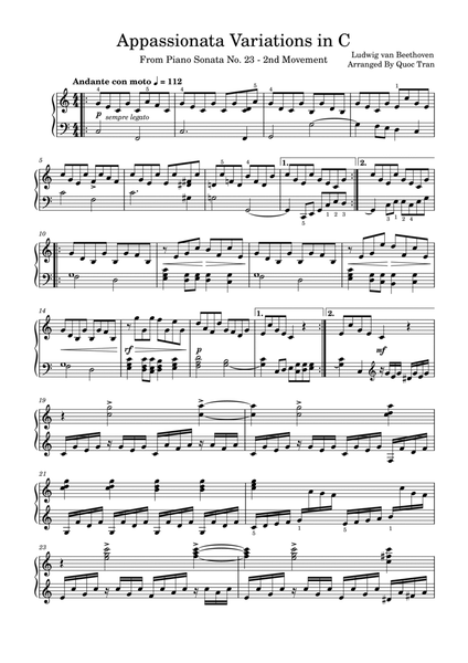 Beethoven Appassionata Variations in C - For Piano Solo (Intermediate) image number null
