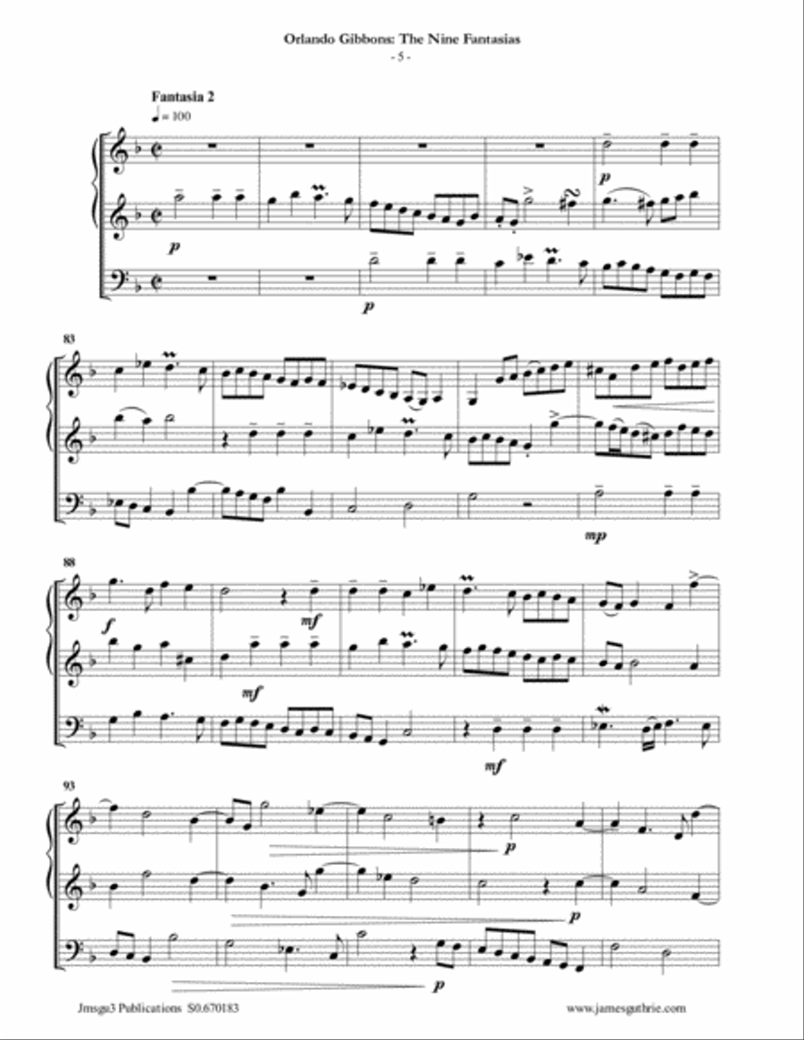 Gibbons: The Nine Fantasias for Violin Duo & Cello String Duet scores gallery preview page 5