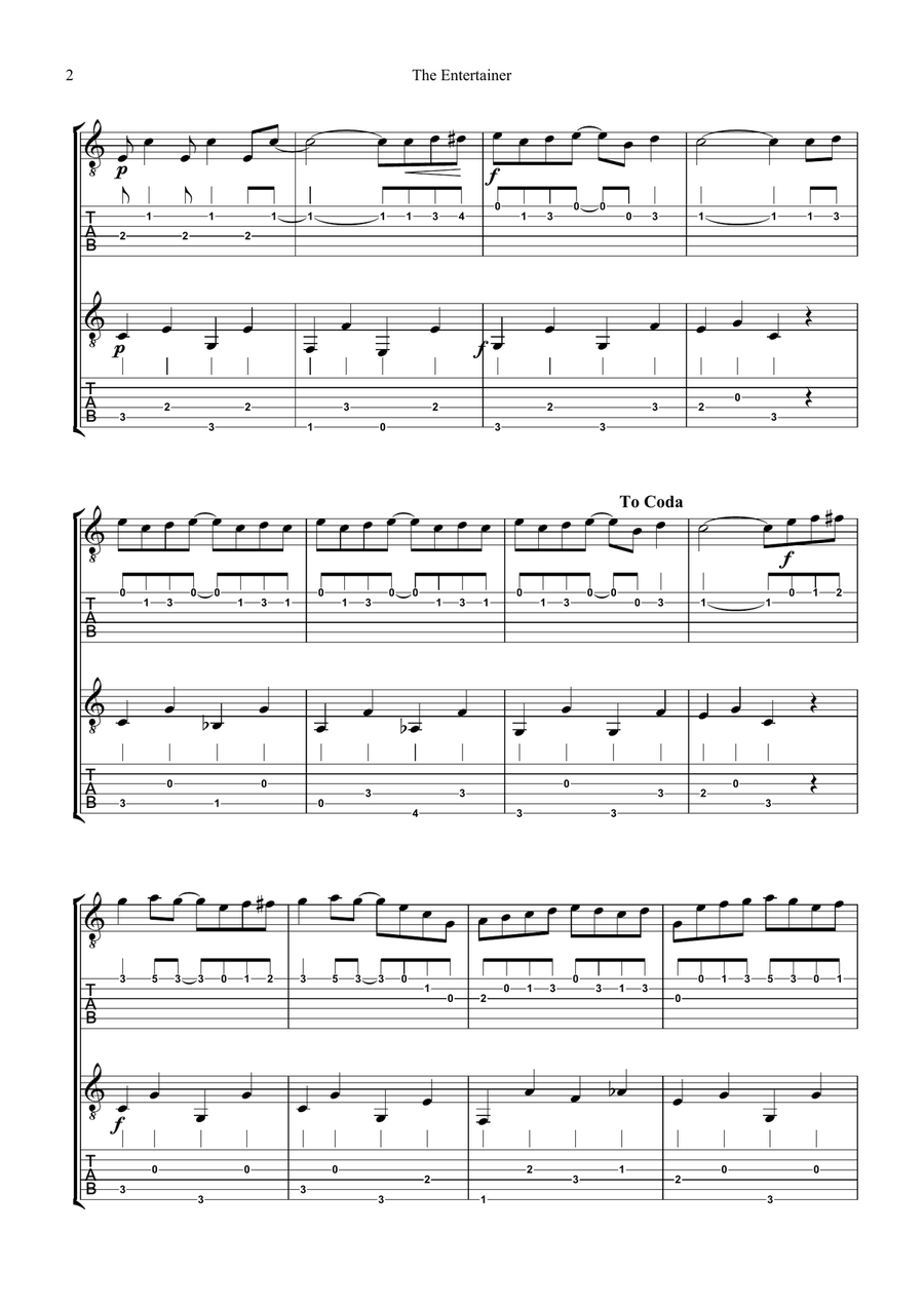 The Entertainer (abridged) for easy guitar duo (+TAB) Classical Guitar scores gallery preview page 2