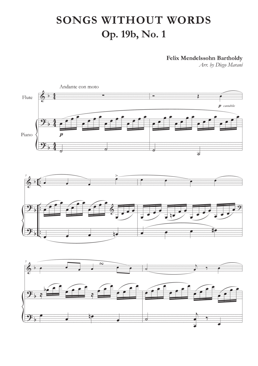 Song Without Words Op. 19 No. 1 for Flute and Piano Flute Solo scores gallery preview page 1