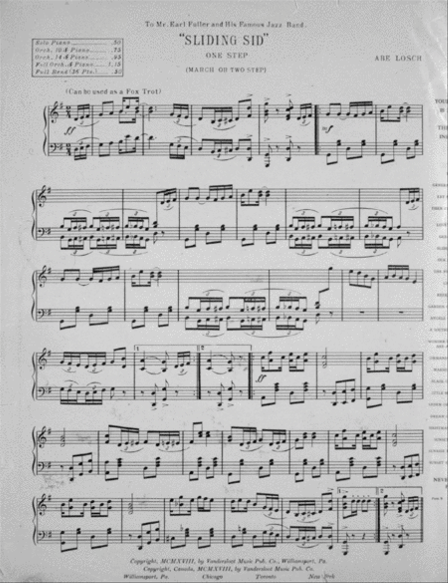 Sliding Sid. One Step (March Two-Stp or Fox Trot) Piano Solo scores gallery preview page 2