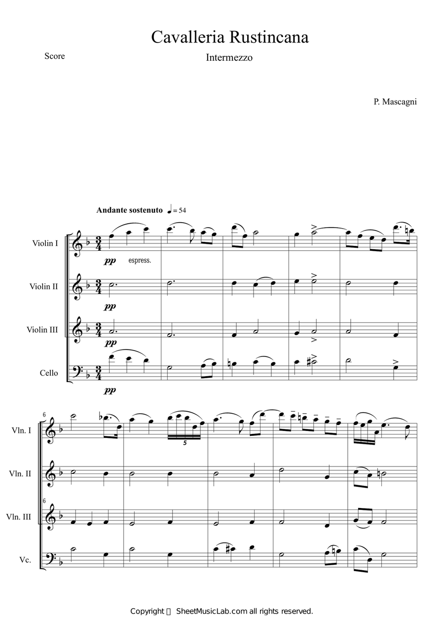 Cavalleria Rusticana by Pietro Mascagni String Quartet - Digital Sheet Music