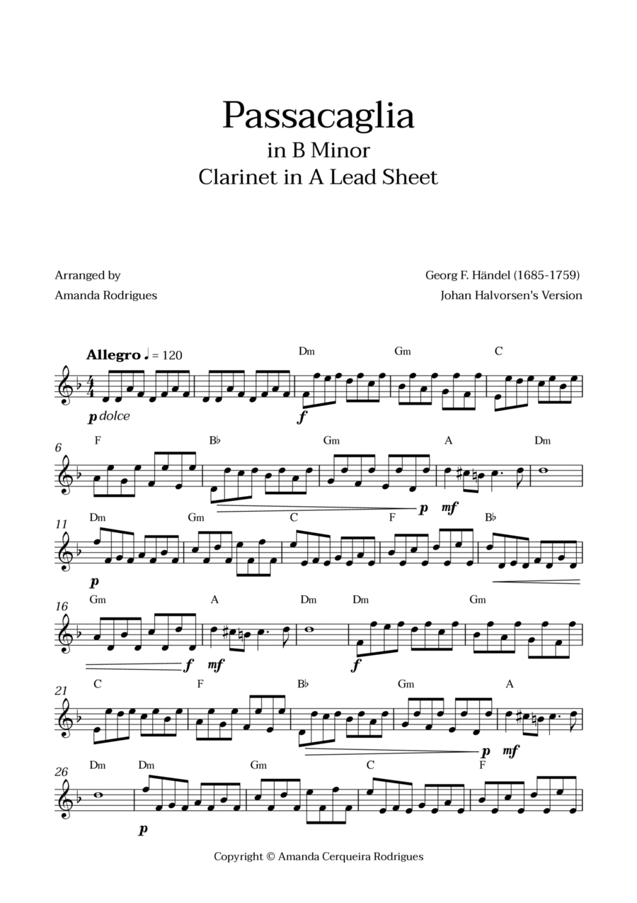 Passacaglia - Easy Clarinet in A Lead Sheet in Bm Minor (Johan Halvorsen's Version) A Clarinet scores gallery preview page 1