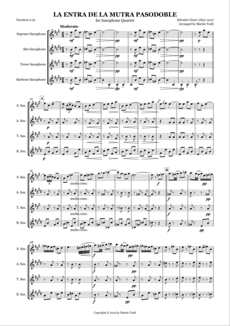 La Entra de la Mutra Pasodoble for Saxophone Quartet Saxophone Quartet scores gallery preview page 1