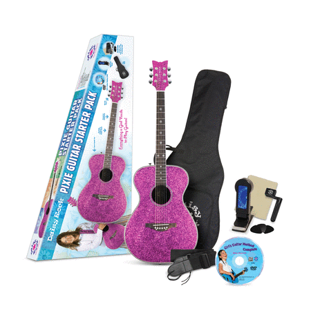 Daisy Rock Girl Guitars -- Pixie Acoustic / Electric Guitar Starter Pack (Pink Sparkle)