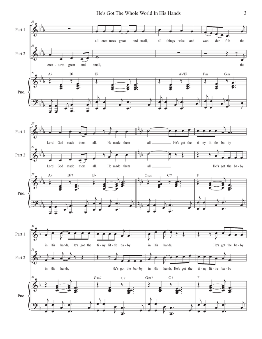 He's Got The Whole World In His Hands (2-part choir) - Easy Choir Version) 2-Part scores gallery preview page 3