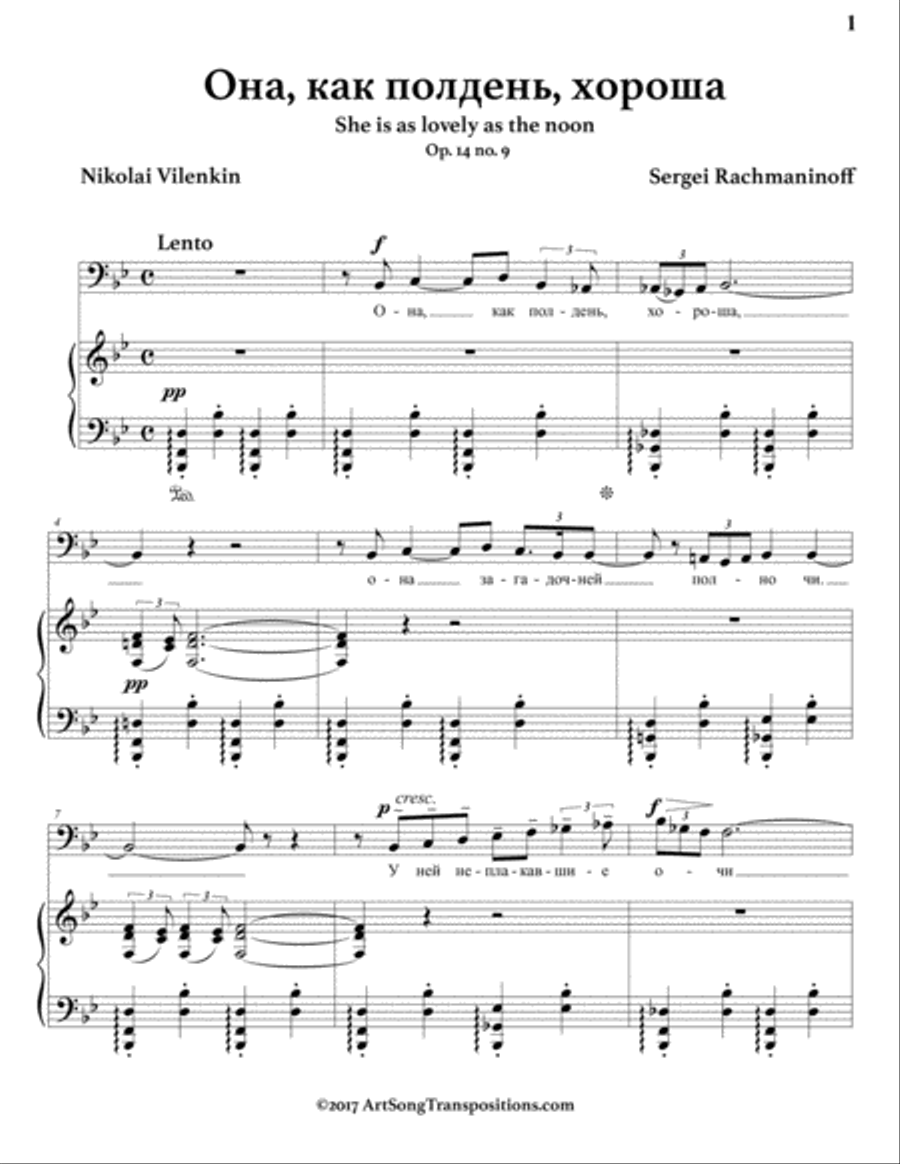 RACHMANINOFF: Она, как полдень, хороша, Op. 14 no. 9 (transposed to B-flat major, bass clef) Voice scores gallery preview page 2