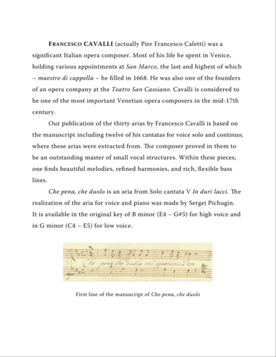 CAVALLI Francesco: Che pena, che duolo, aria from the cantata, arranged for Voice and Piano (G minor Voice Solo scores gallery preview page 2