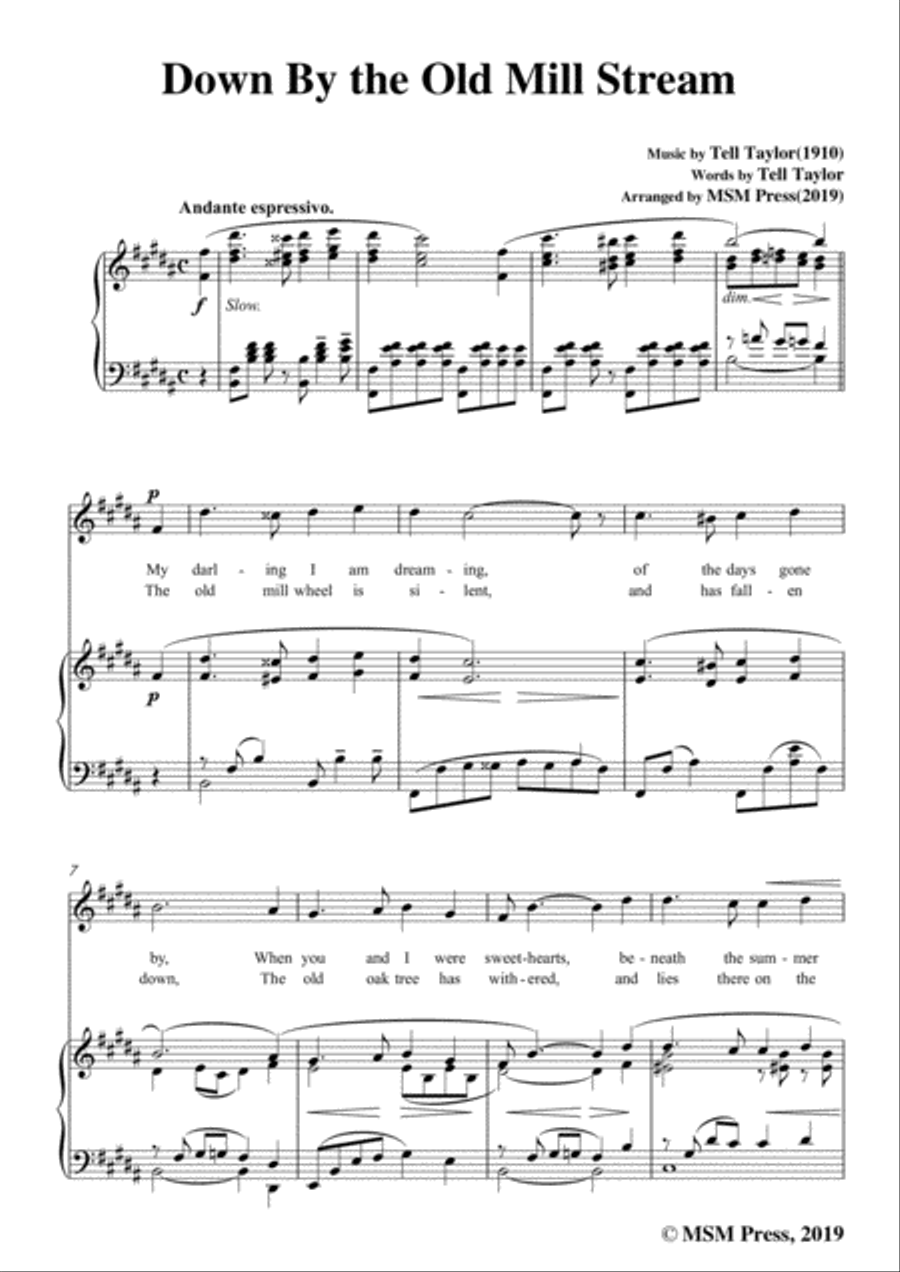Tell Taylor-Down By the Old Mill Stream,in B Major,for Voice&Piano Voice scores gallery preview page 3