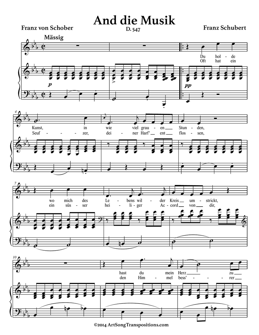 SCHUBERT: An die Musik, D. 547 (in 7 keys: E, E-flat, D, D-flat, C, B, B-flat major) Piano, Vocal scores gallery preview page 4