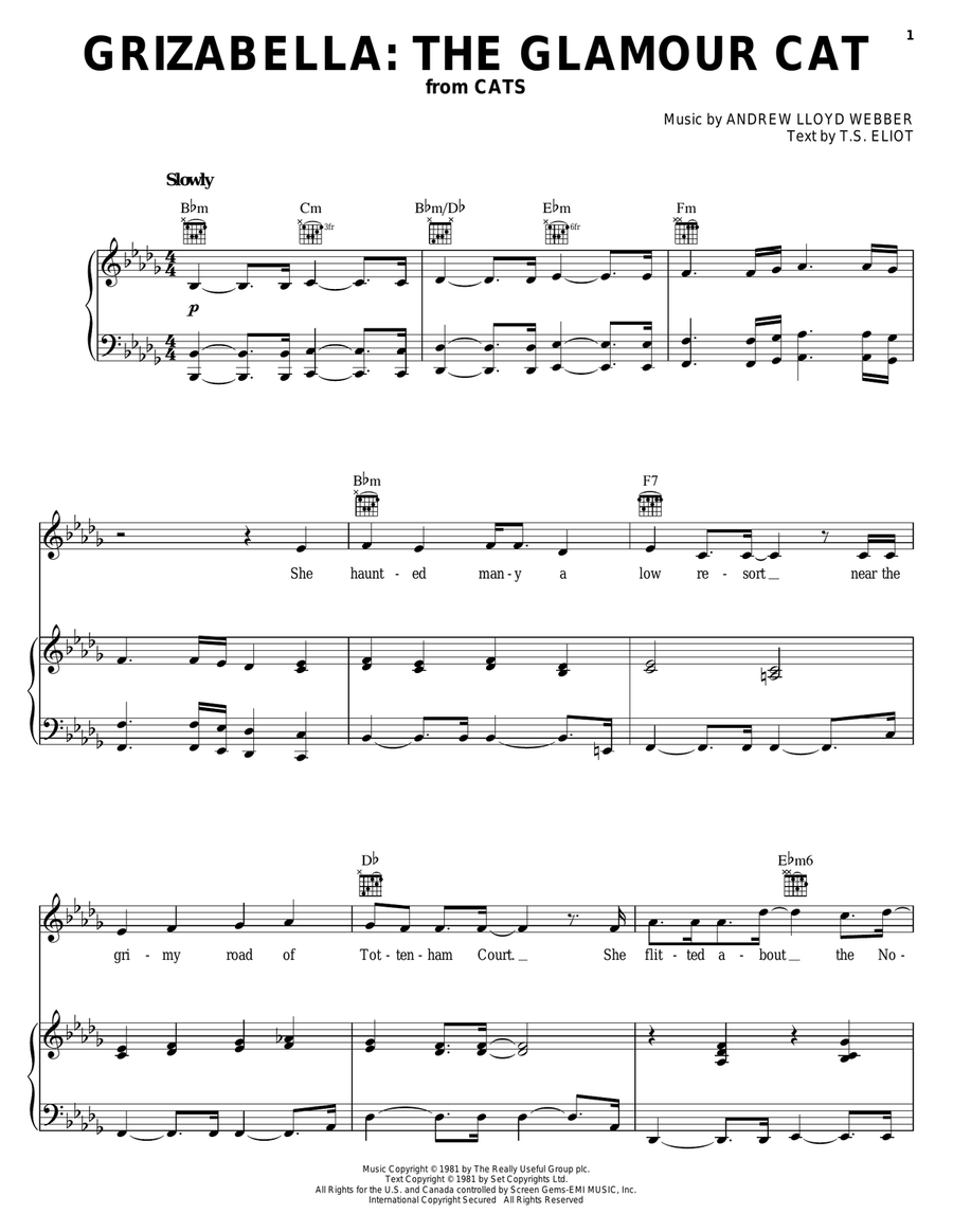 Grizabella: The Glamour Cat (from Cats) Piano, Vocal, Guitar scores gallery preview page 1