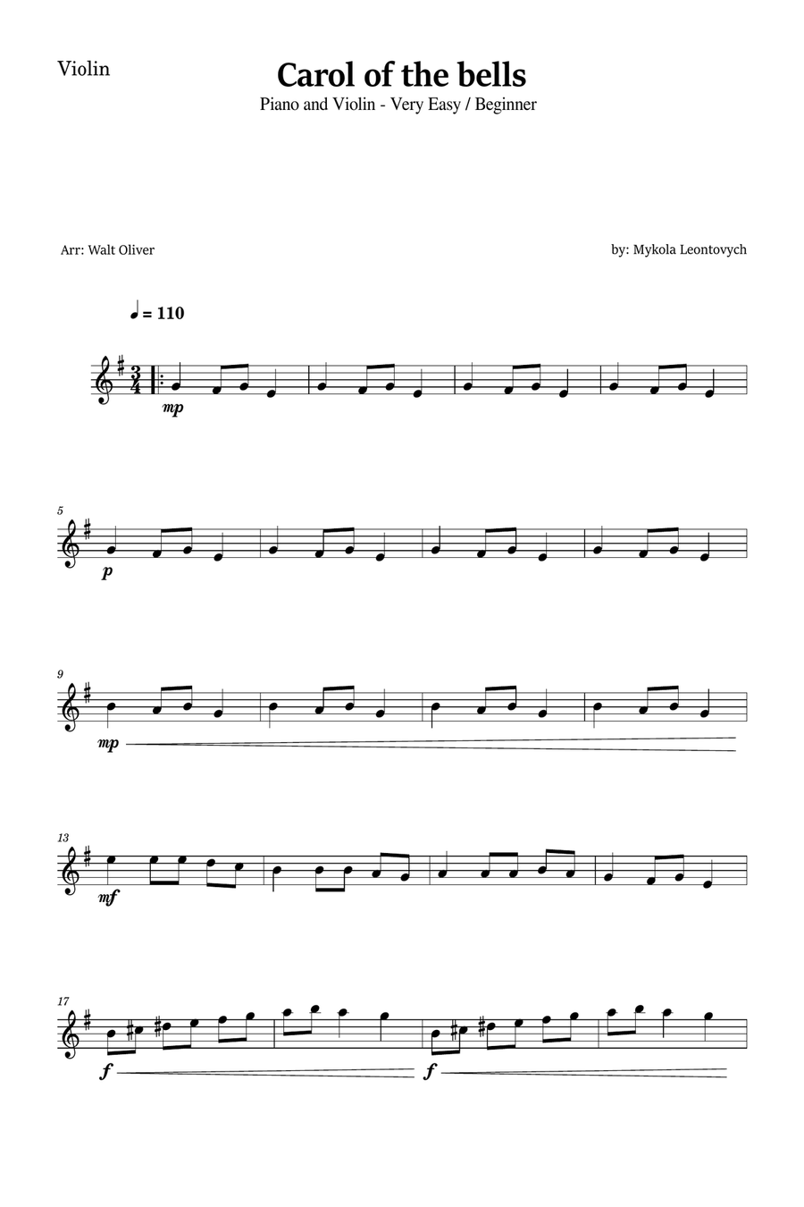 Carol of The Bells for Violin and Piano (Very Easy - Beginner) in E minor - With Chords Violin Solo scores gallery preview page 4