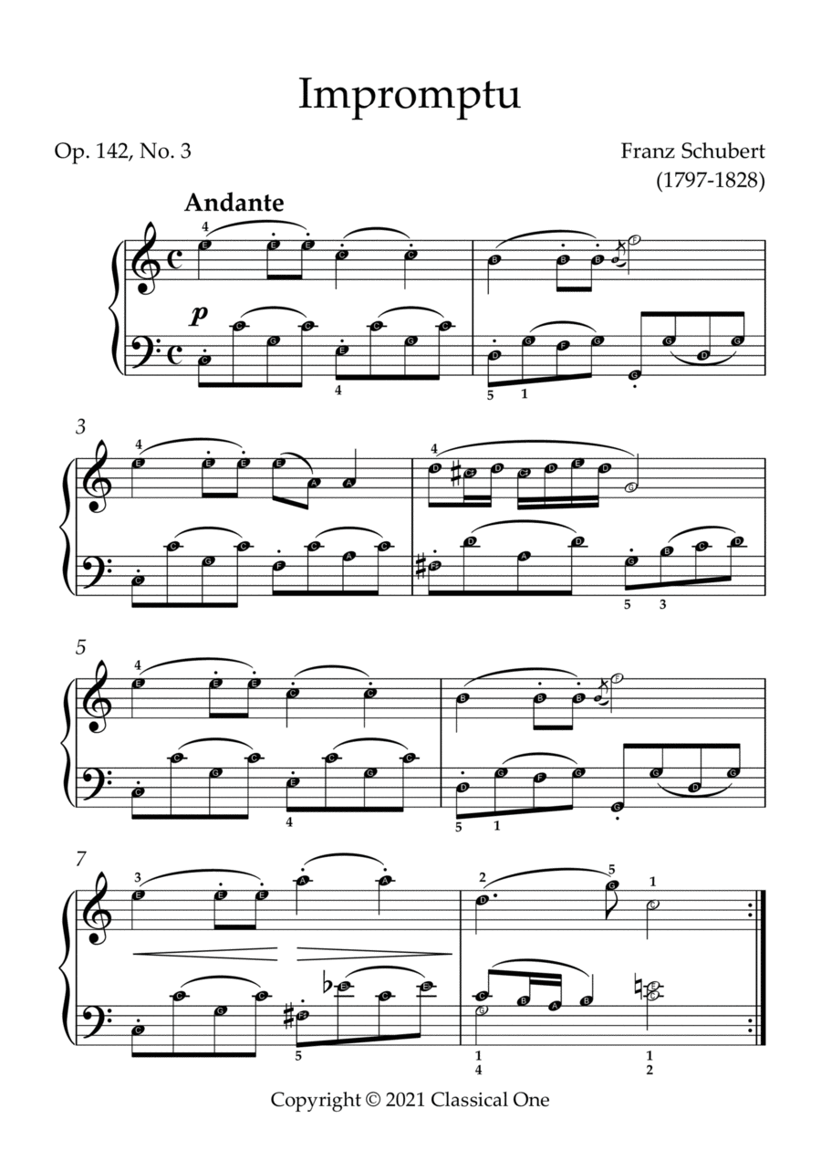 Schubert - Impromptu, Op.142 No.3(With Note name) Easy Piano scores gallery preview page 1