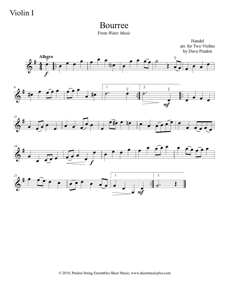 Bourree from Water Music for Two Violins String Duet scores gallery preview page 2