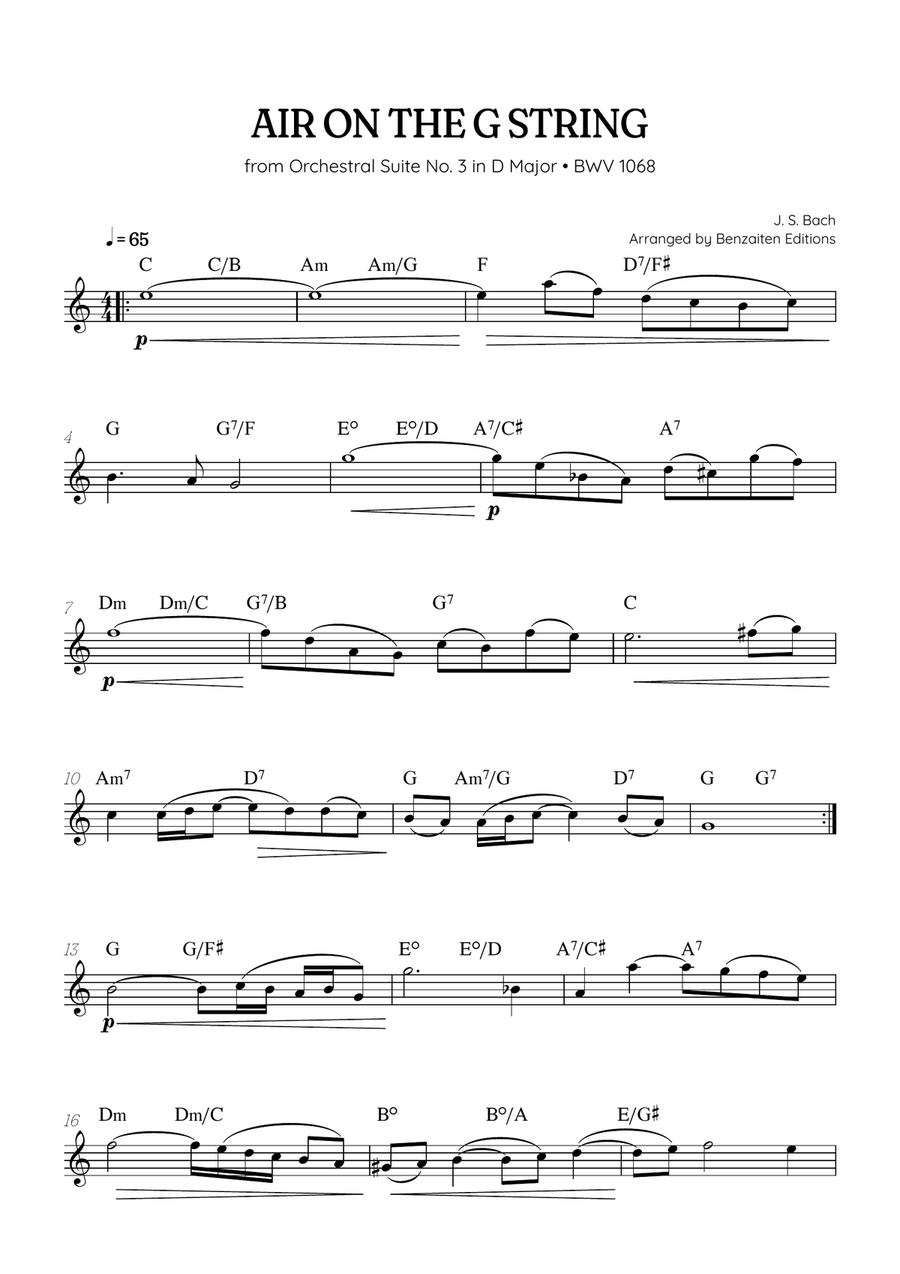 JS Bach • Air on the G String from Suite No. 3 BWV 1068 | flute sheet music w/ chords Flute Solo scores gallery preview page 1