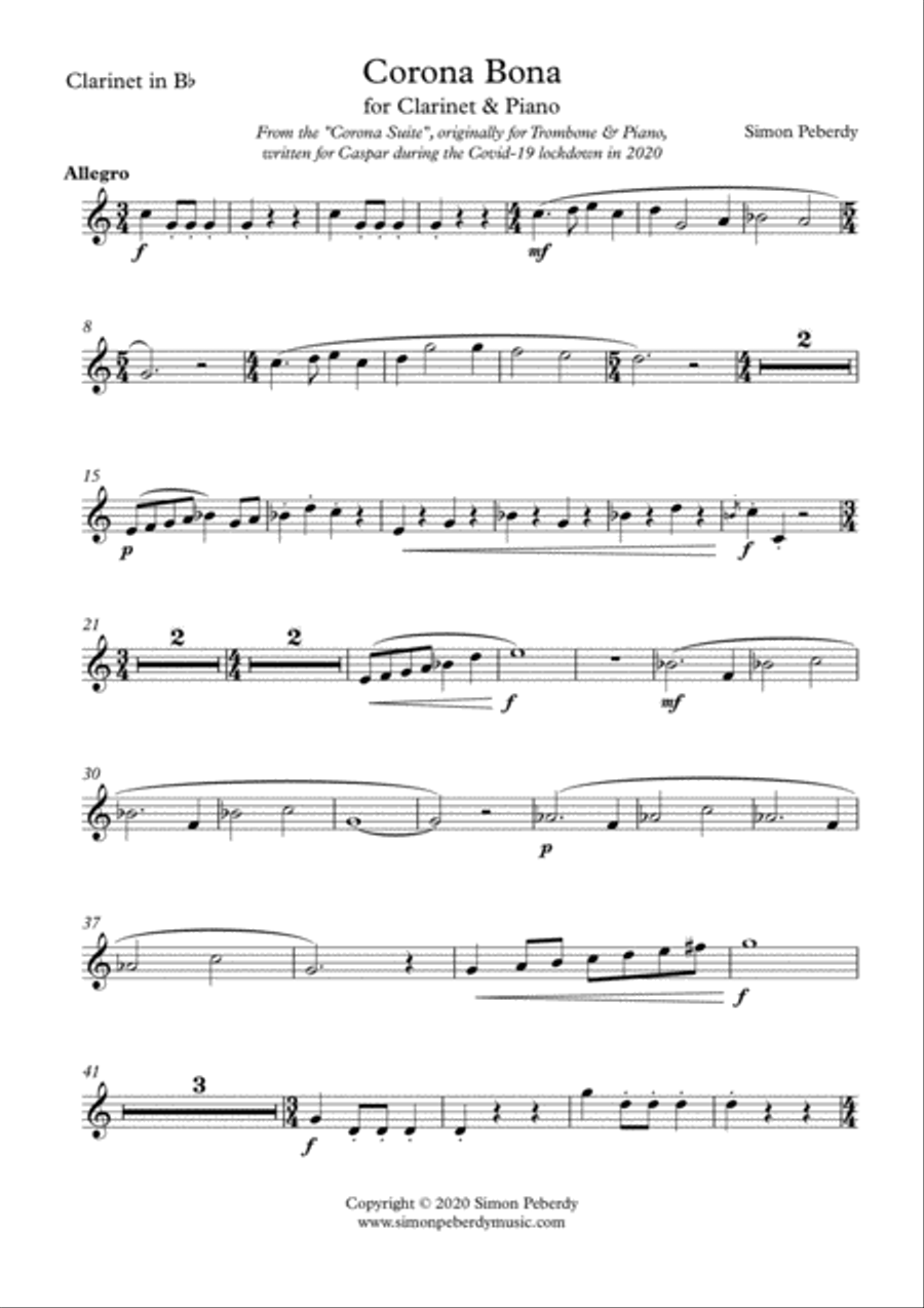 Corona Bona from the Corona Suite for Clarinet and Piano by Simon Peberdy