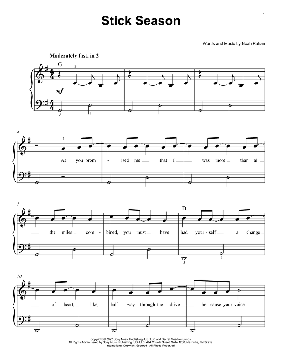 Stick Season Easy Piano scores gallery preview page 1