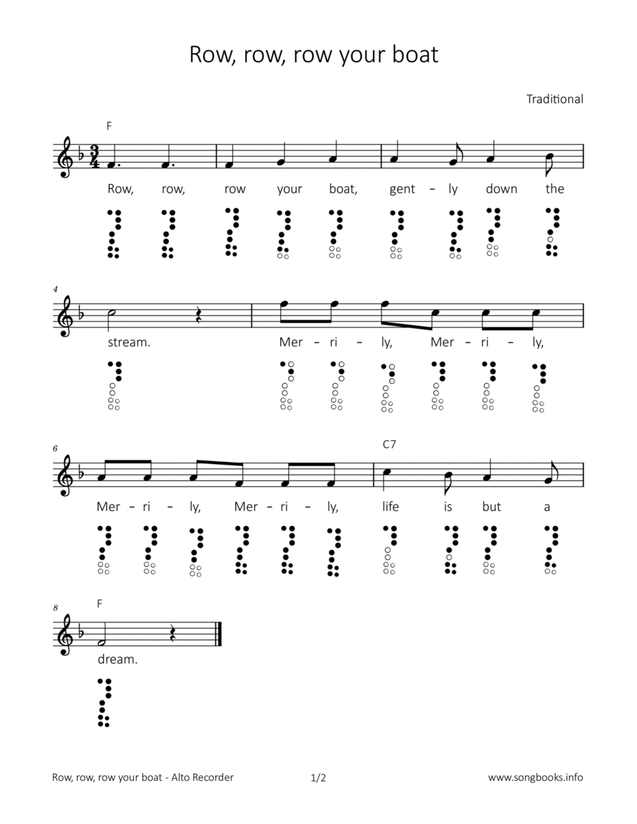 Row, row, row your boat Alto Recorder scores gallery preview page 1