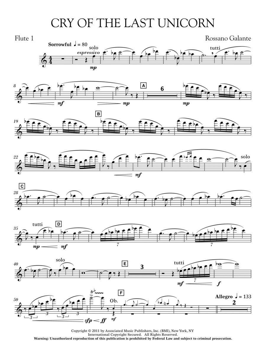 Cry Of The Last Unicorn - Flute 1 Concert Band scores gallery preview page 1