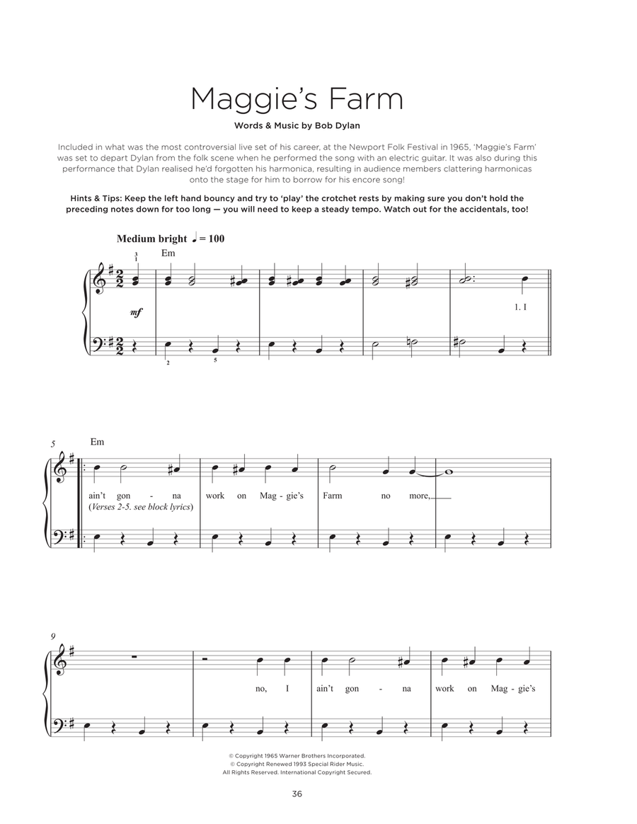 Maggie's Farm Easy Piano scores gallery preview page 1
