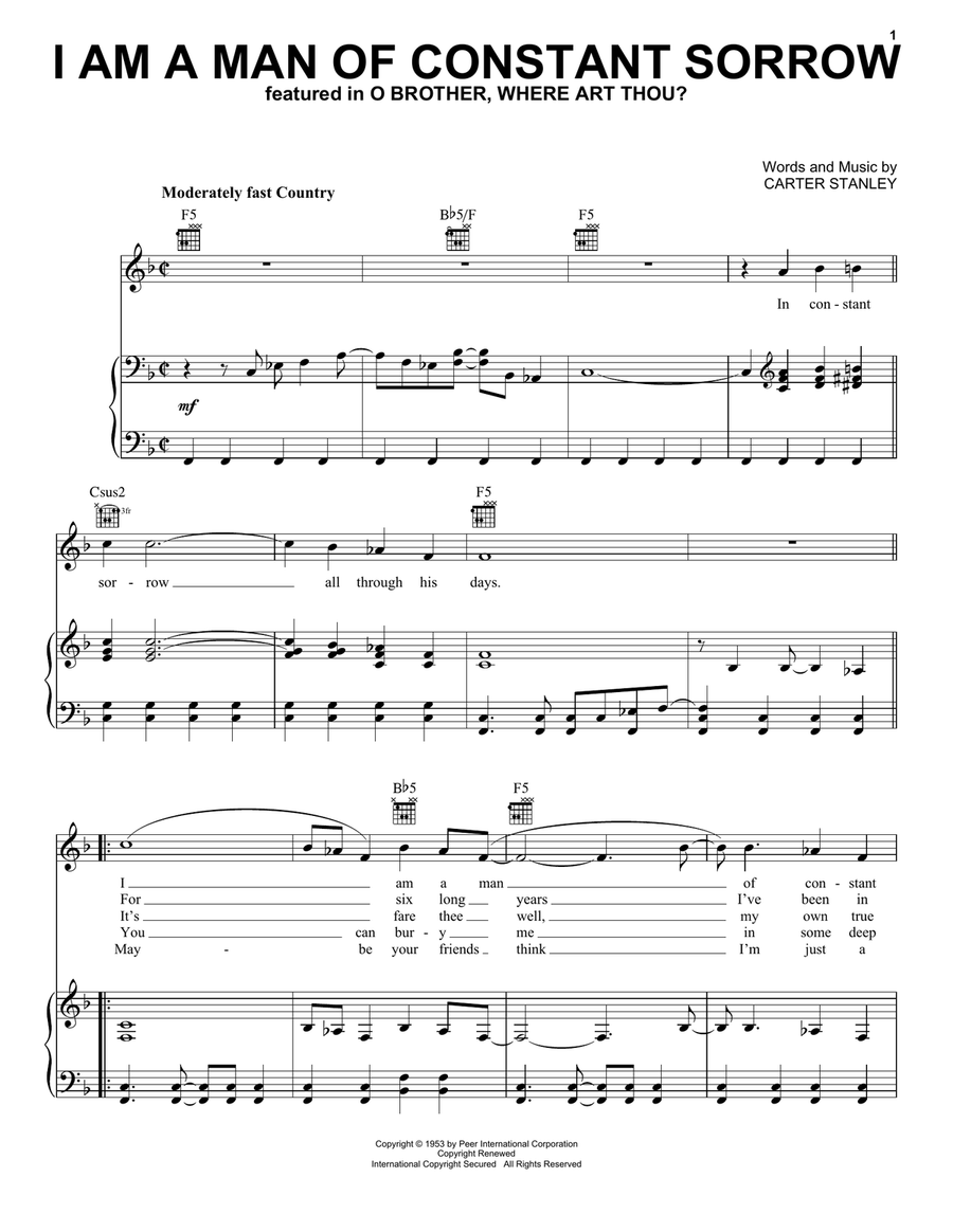 I Am A Man Of Constant Sorrow Piano, Vocal, Guitar scores gallery preview page 1